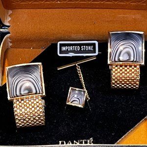 1950’s NOS - MEN'S CUFF LINKS, Grey Marbled Stone * BY DANTE * NIB + Tie Clasp!